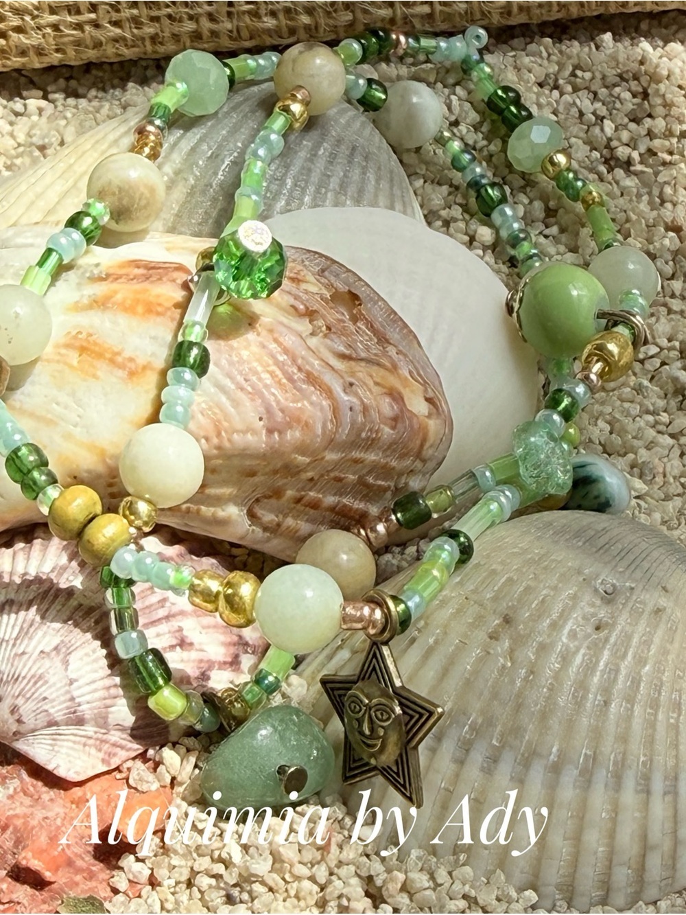 Green gemstones & Gold Layered Beaded Bracelet with Star Charm